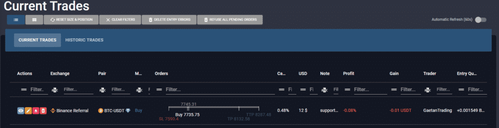 view, modify, cancel, panic sell trades created with the crypto trading platform