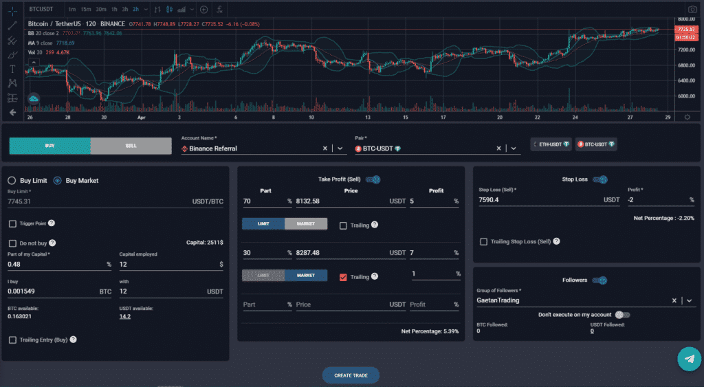 Smart trading multi exchanges interface for crypto trader, take profit, stop loss, trailing