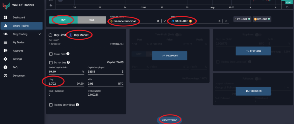 Convert cryptos by buying at the market on Wall Of Traders