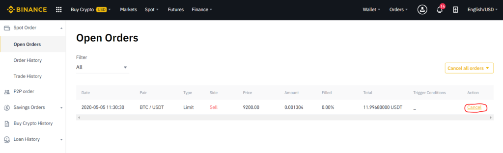 open orders on binance