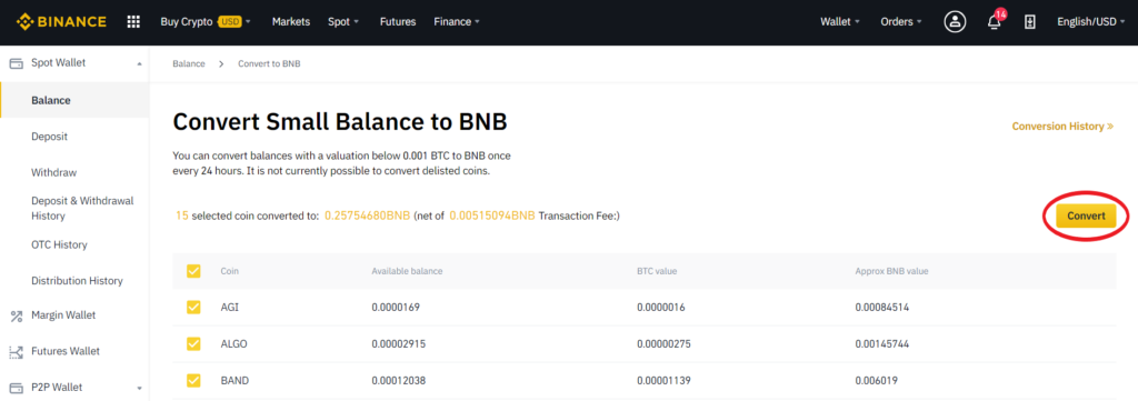 Copy Trading Binance: convert residues into binance coin BNB