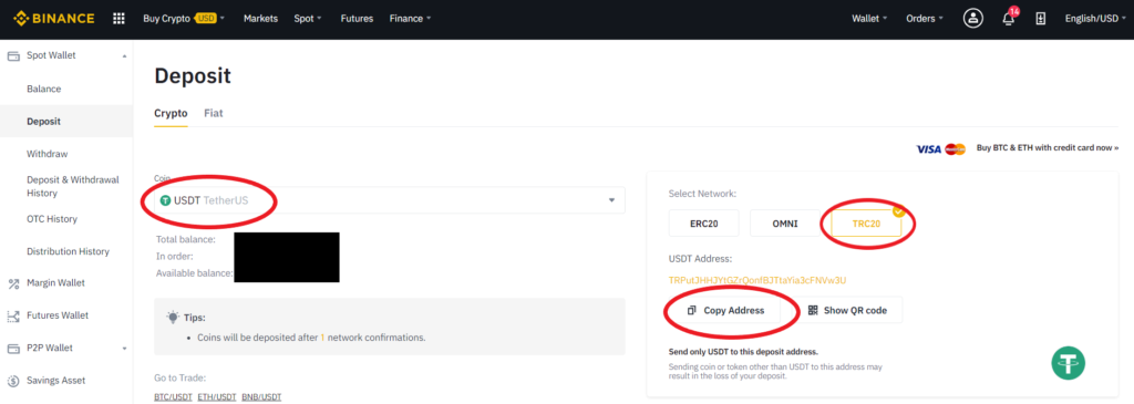 Tether USDT deposit on Binance