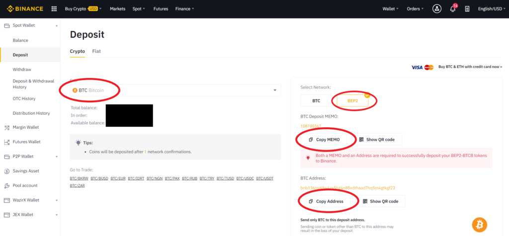 Bitcoin BTC deposit on Binance