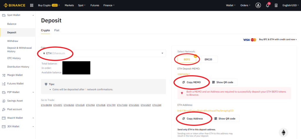 Ethereum ETH deposit on Binance