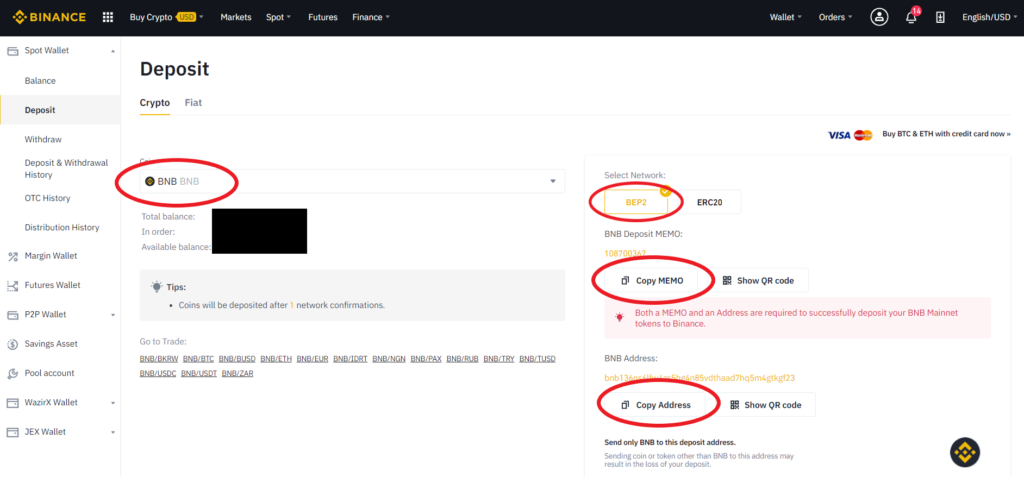 Binance Coin BNB deposit on Binance