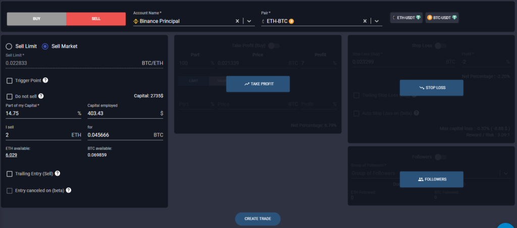 market sell of ETH for BTC