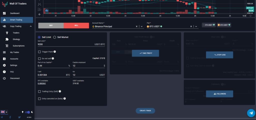 Copy Trading Binance: creation of the limit sell order on the smart trading of wall of traders