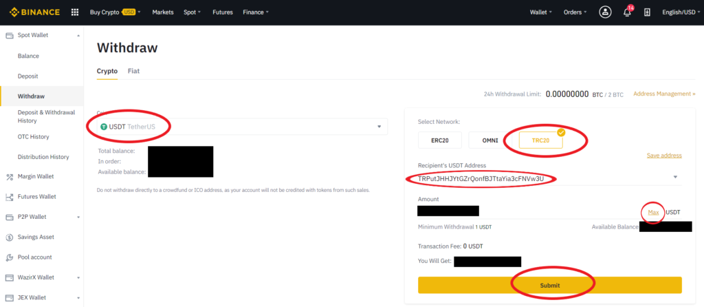 Withdrawal of Tether USDT on Binance