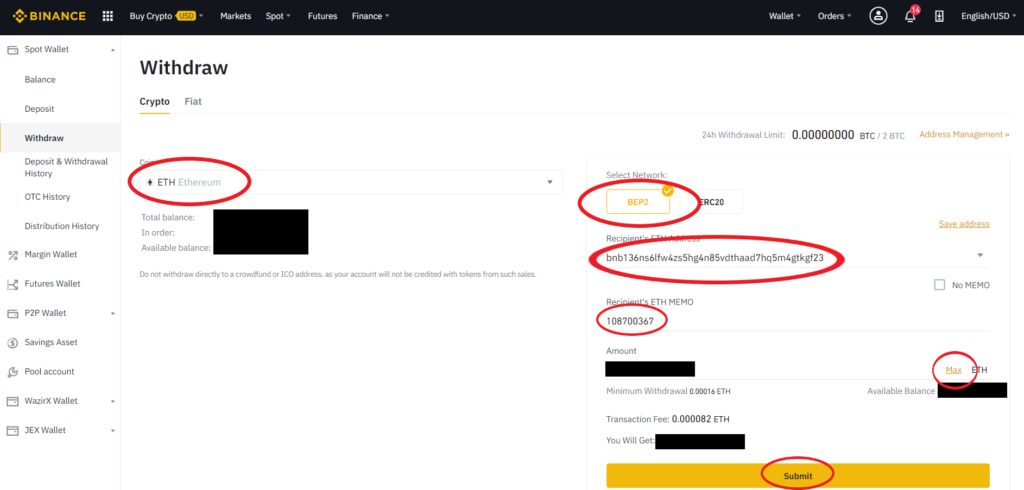 Withdrawal of Ethereum ETH on Binance
