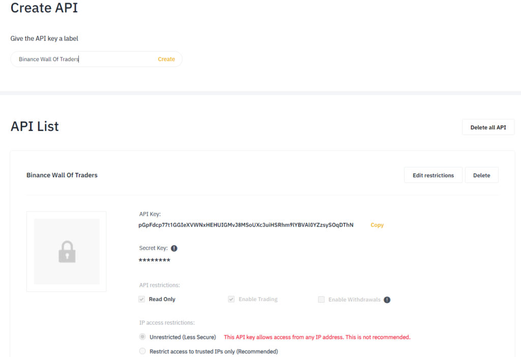 Creating an API key on Binance