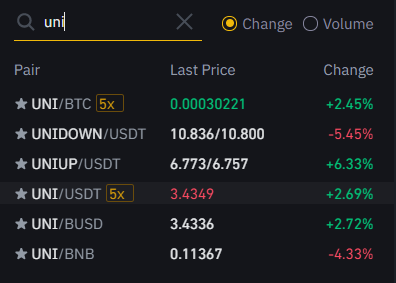 Choice of the pair on Binance