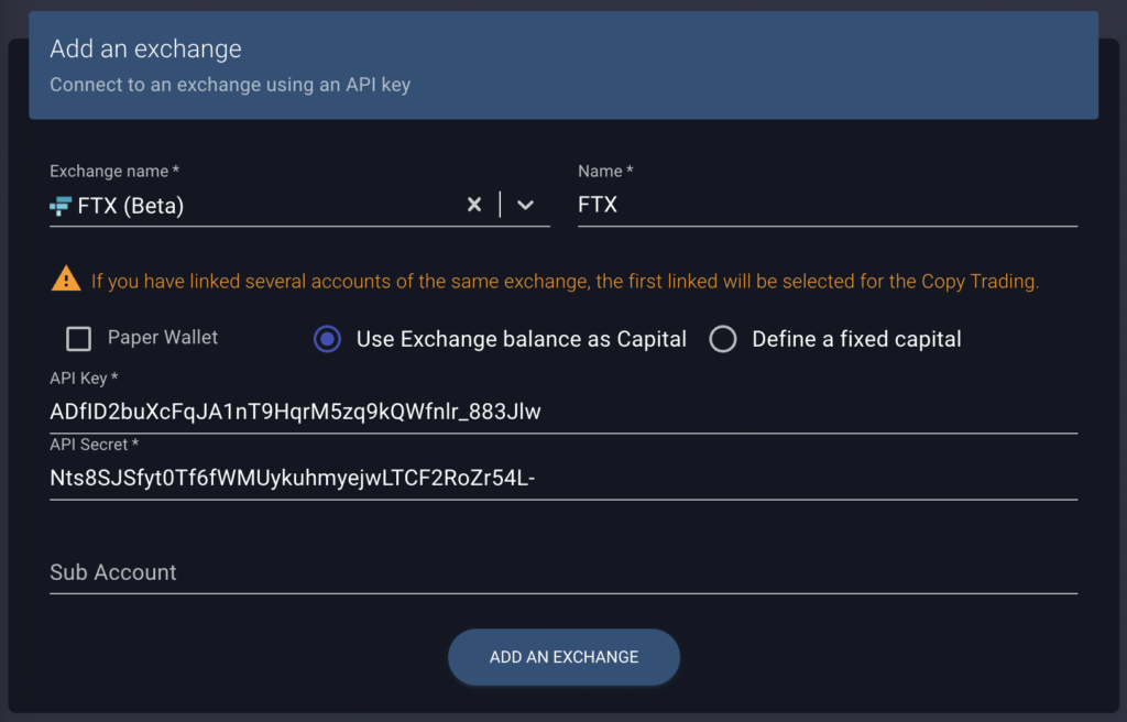 Link your FTX exchange to Wall Of Traders