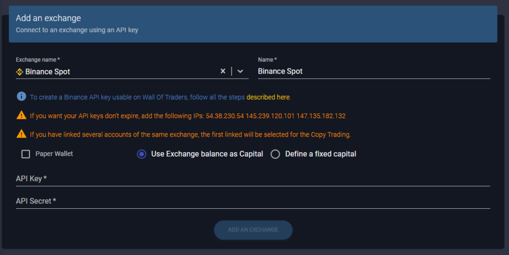 Copy Binance Leaderboard: Link your API key to your Wall Of Traders account